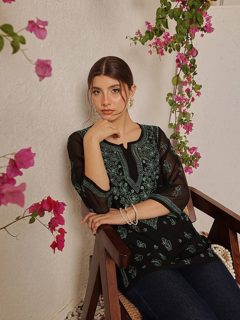 Women Hand Embroidered Black Georgette Lucknow Chikan Kurti With Slip