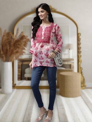 Ada Women Hand Embroidered Pink Kota LucknowI Chikankari Short Kurti - A911142 1
