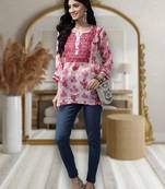 Ada Women Hand Embroidered Pink Kota LucknowI Chikankari Short Kurti - A911142