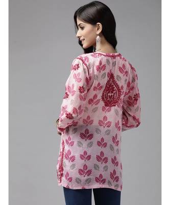Ada Women Hand Embroidered Pink Kota LucknowI Chikankari Short Kurti - A911142 2