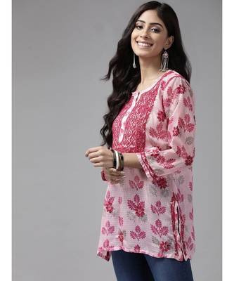 Ada Women Hand Embroidered Pink Kota LucknowI Chikankari Short Kurti - A911142 3