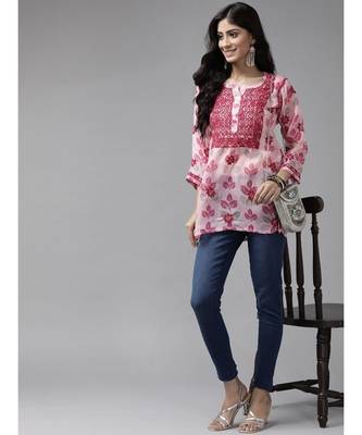 Ada Women Hand Embroidered Pink Kota LucknowI Chikankari Short Kurti - A911142 4