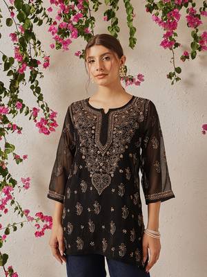 Women Hand Embroidered Black Georgette Lucknowi Chikankari Kurti With Slip 1
