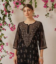 Women Hand Embroidered Black Georgette Lucknowi Chikankari Kurti With Slip