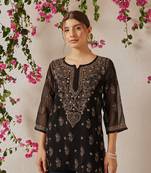 Women Hand Embroidered Black Georgette Lucknowi Chikankari Kurti With Slip