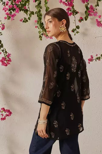 Women Hand Embroidered Black Georgette Lucknowi Chikankari Kurti With Slip