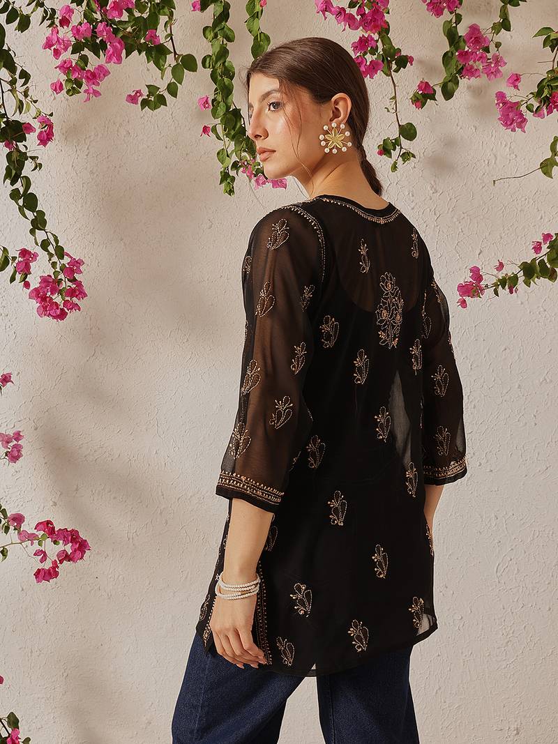Women Hand Embroidered Black Georgette Lucknowi Chikankari Kurti With Slip