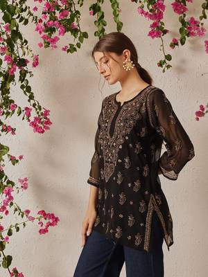 Women Hand Embroidered Black Georgette Lucknowi Chikankari Kurti With Slip 3