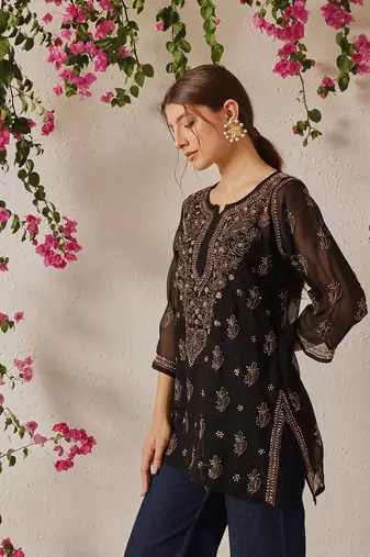 Women Hand Embroidered Black Georgette Lucknowi Chikankari Kurti With Slip