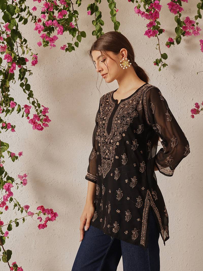 Women Hand Embroidered Black Georgette Lucknowi Chikankari Kurti With Slip