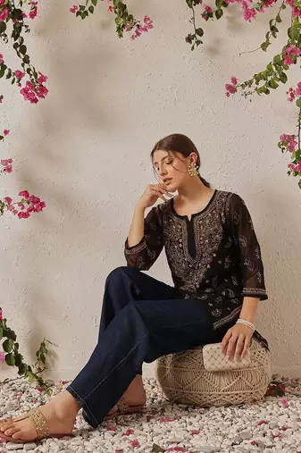 Women Hand Embroidered Black Georgette Lucknowi Chikankari Kurti With Slip