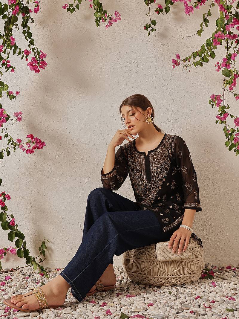 Women Hand Embroidered Black Georgette Lucknowi Chikankari Kurti With Slip