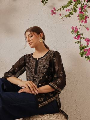 Women Hand Embroidered Black Georgette Lucknowi Chikankari Kurti With Slip 5