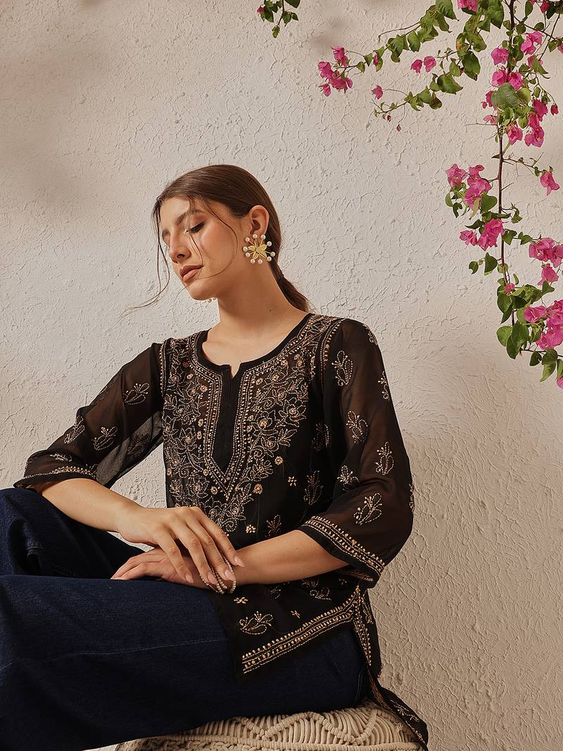 Women Hand Embroidered Black Georgette Lucknowi Chikankari Kurti With Slip