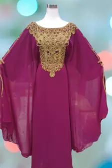 Wine Zari Stone Work Georgette Islamic Style Beads Embedded Partywear Kaftan Long Gown Evening wear Dubai kaftan