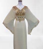 White Zari Stone Work Georgette Islamic Style Beads Embedded Partywear Kaftan Long Gown Evening wear Dubai kaftan