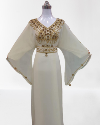 White Zari Stone Work Georgette Islamic Style Beads Embedded Partywear Kaftan Long Gown Evening wear Dubai kaftan 2