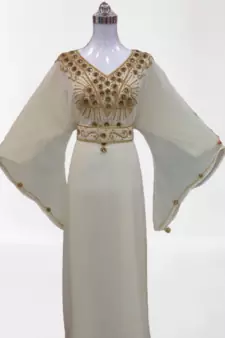 White Zari Stone Work Georgette Islamic Style Beads Embedded Partywear Kaftan Long Gown Evening wear Dubai kaftan
