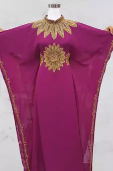 Wine Zari Stone Work Georgette Islamic Style Beads Embedded Partywear Kaftan Long Gown Evening wear Dubai kaftan