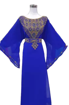 Blue Zari Stone Work Georgette Islamic Style Beads Embedded Partywear Kaftan Long Gown Evening wear Dubai kaftan