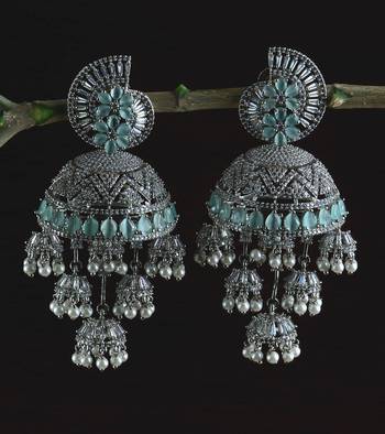 Rhodium Plated CZ and MINT Stone Embellished Multiple Dangler Jhumki 216ED611 1