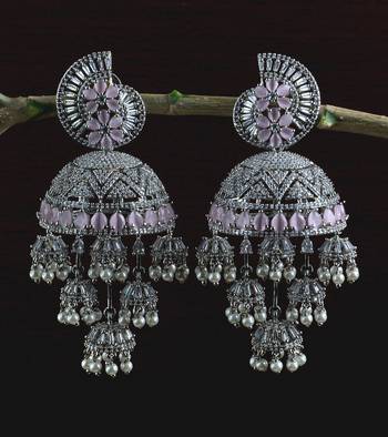 Rhodium Plated CZ and PINK Stone Embellished Multiple Dangler Jhumki 216ED612 1
