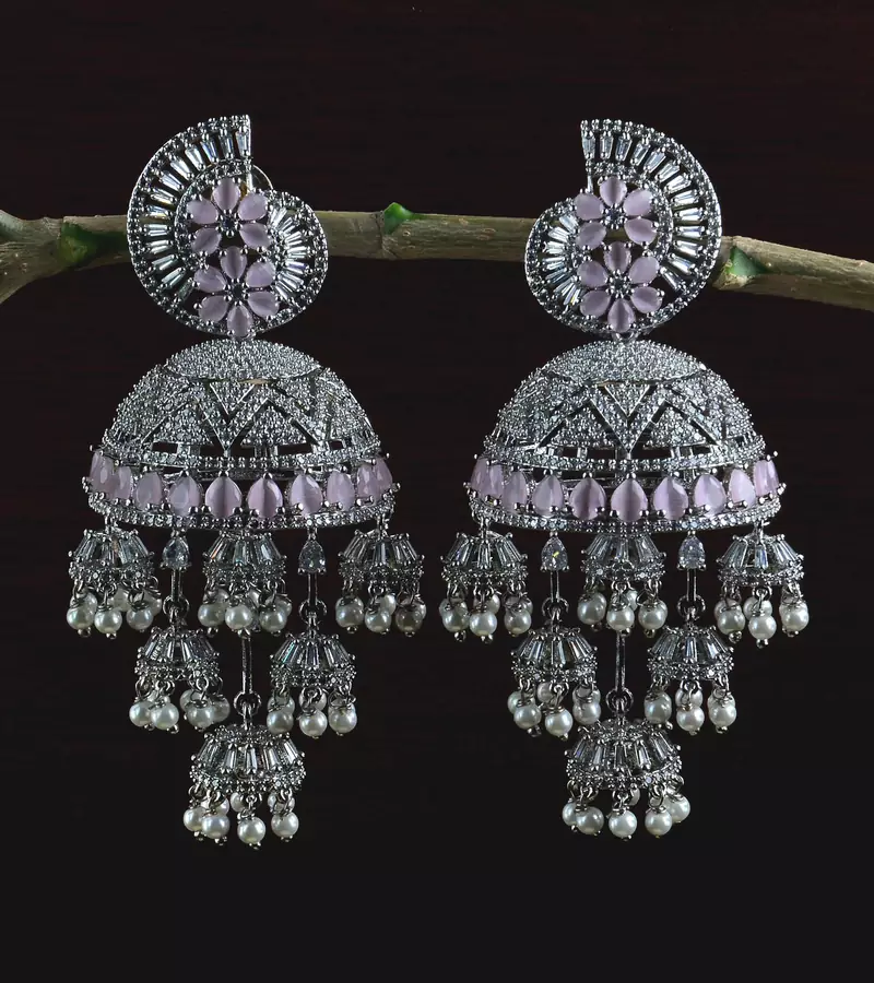 Rhodium Plated CZ and PINK Stone Embellished Multiple Dangler Jhumki 216ED612