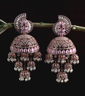 Rose Gold Plated CZ and PINK Stone Embellished Multiple Dangler Jhumki 216ED613 1