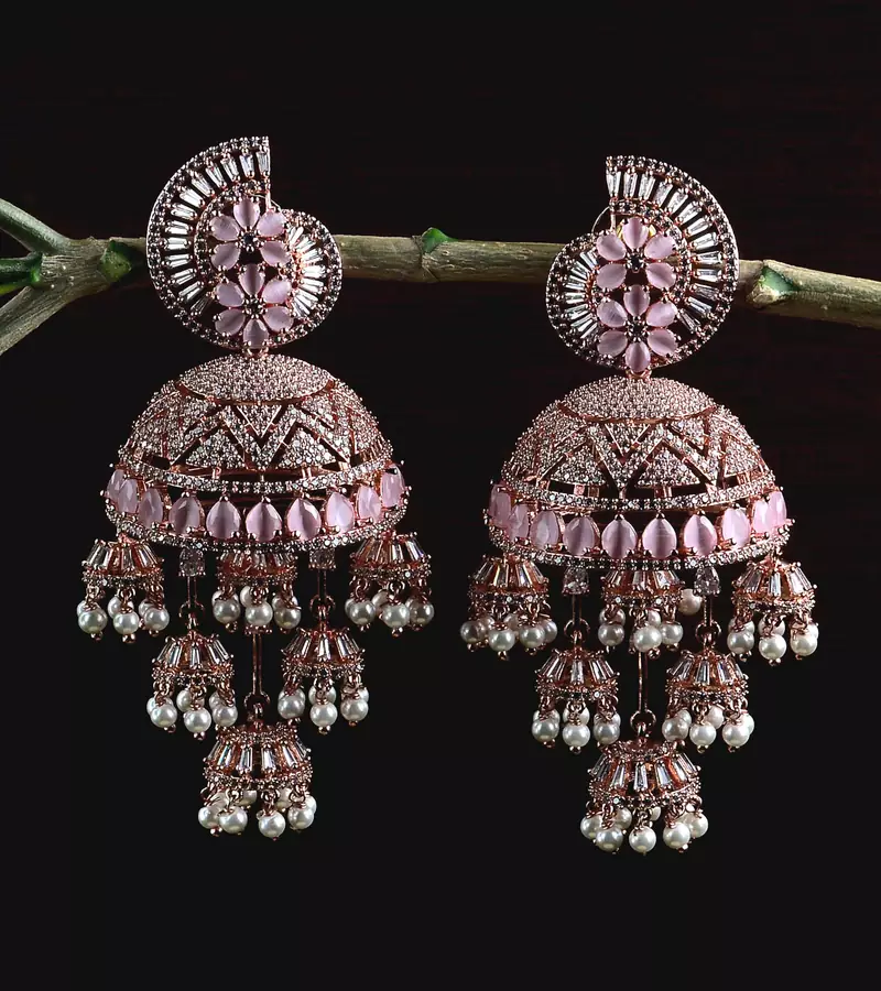 Rose Gold Plated CZ and PINK Stone Embellished Multiple Dangler Jhumki 216ED613