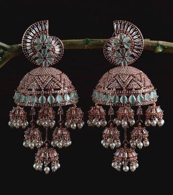 Rose Gold Plated CZ and MINT Stone Embellished Multiple Dangler Jhumki 216ED614 1