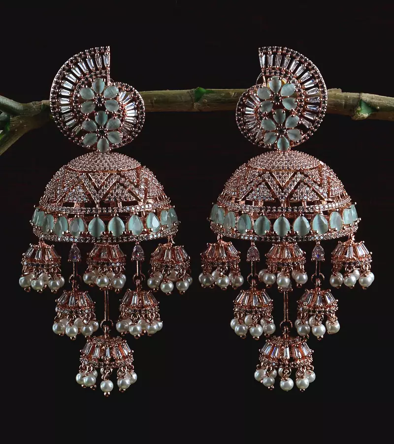 Rose Gold Plated CZ and MINT Stone Embellished Multiple Dangler Jhumki 216ED614