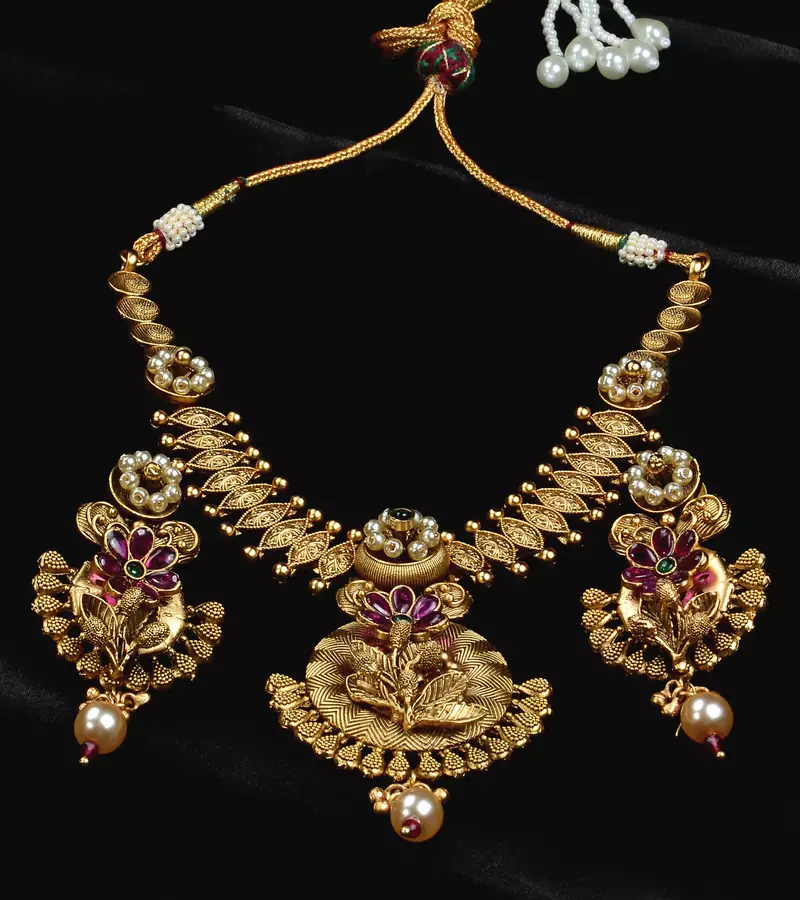 Ruby and Emerald Embellished Brass Made High Quality Necklace FNN278