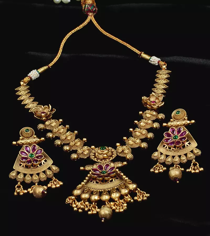 Ruby and Emerald Embellished Brass Made High Quality Necklace FNN279
