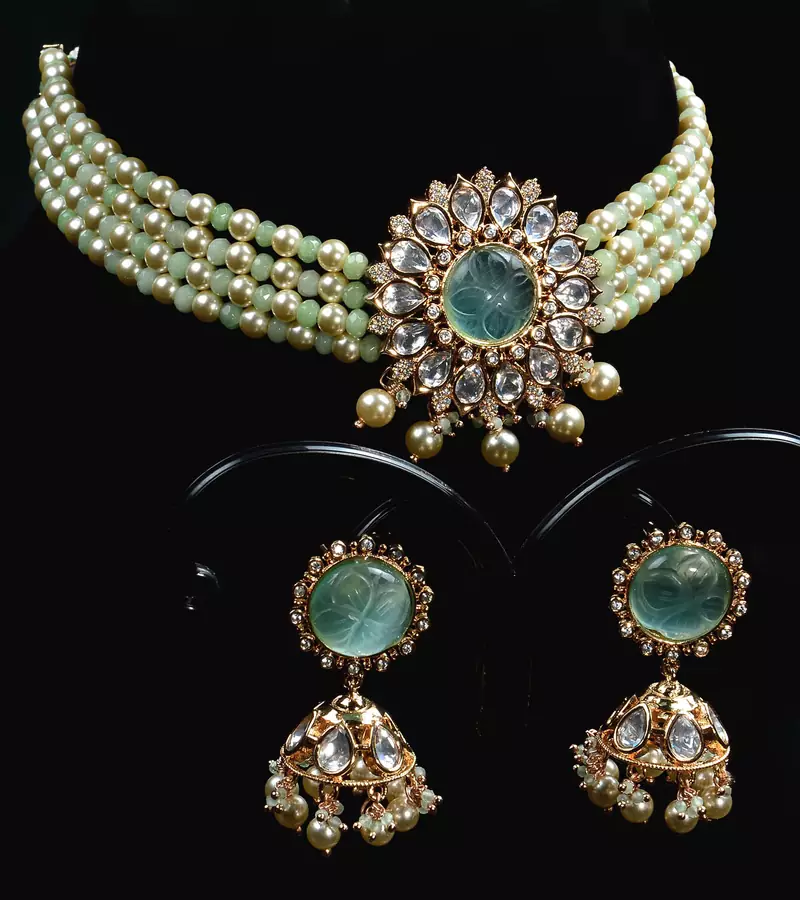 Semi-precious Stone, CZ and Kundan Embellished Choker Set FNN285