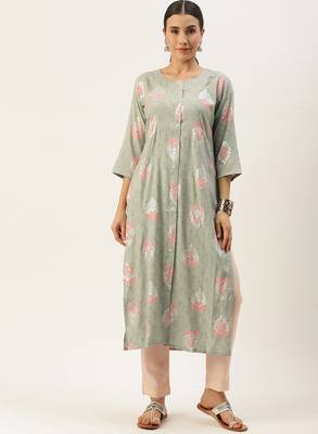 Grey printed cotton silk
 long-kurtis 1