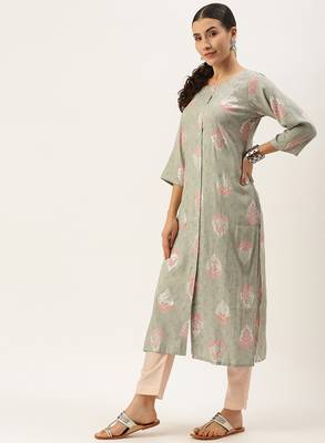 Grey printed cotton silk
 long-kurtis 2