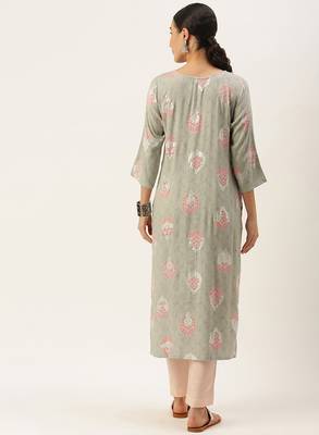 Grey printed cotton silk
 long-kurtis 3