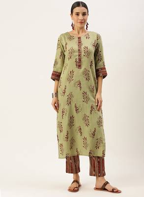Green printed cotton silk
 long-kurtis 1