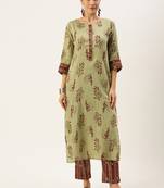 Green printed cotton silk
 long-kurtis