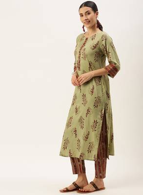 Green printed cotton silk
 long-kurtis 2