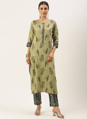 Green printed cotton silk
 long-kurtis 1