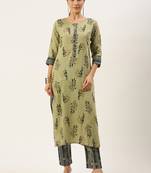 Green printed cotton silk
 long-kurtis