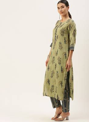 Green printed cotton silk
 long-kurtis 2