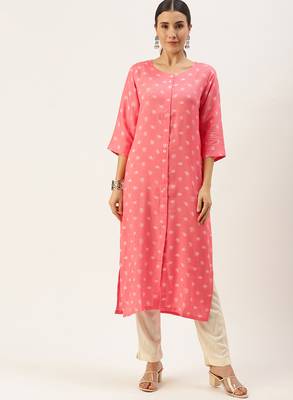 Pink printed cotton silk
 long-kurtis 1