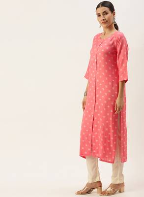 Pink printed cotton silk
 long-kurtis 2