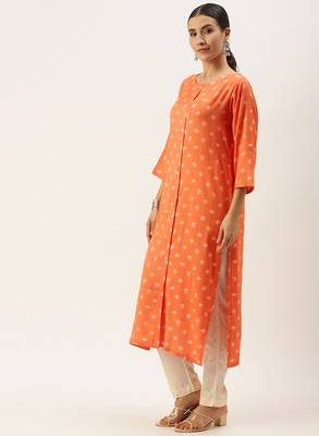 Orange printed cotton silk
 long-kurtis 2