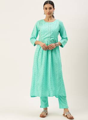 Green printed cotton silk
 long-kurtis 1