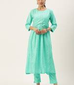 Green printed cotton silk
 long-kurtis
