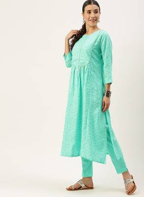 Green printed cotton silk
 long-kurtis 2