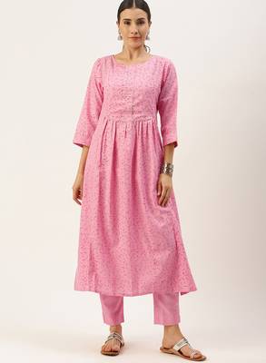 Pink printed cotton silk
 long-kurtis 1
